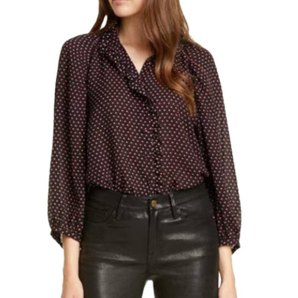 FRAME Grace Heart Print Ruffle Trim Silk Top